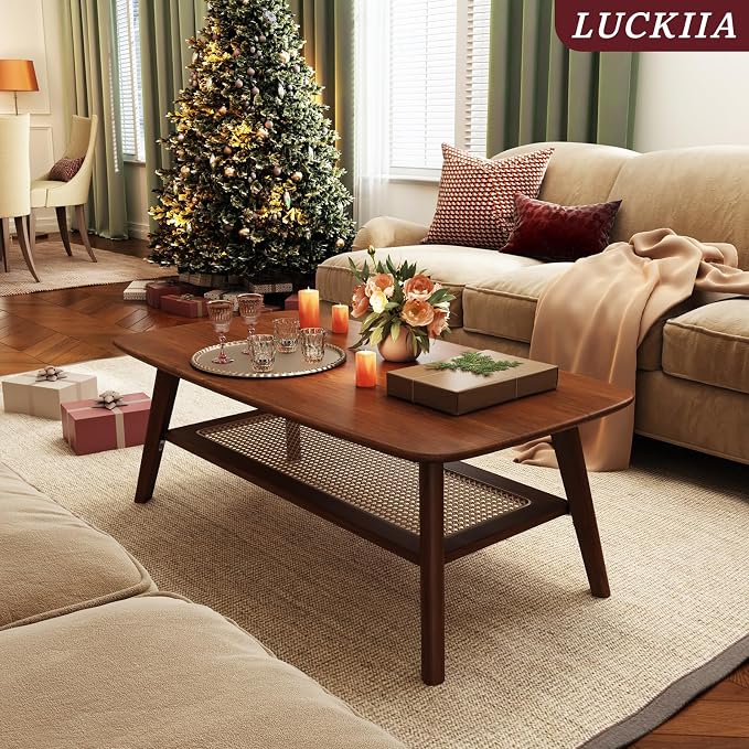 Coffee Table Small Solid Wood Center Table Mid Century Vintage Living Room Coffee Table, Walnut Rattan 47.24 Inch