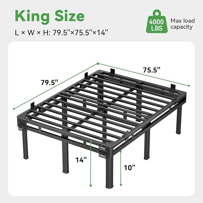 Superay King Bed Frame, 14 inch Metal Bed Frame & Box Spring 2 in 1 Design, Double Layer Bed Frame with Rounded Legs, Heavy Duty Platform Support 4000lbs, with Matress Gasket & headboard Adapter
