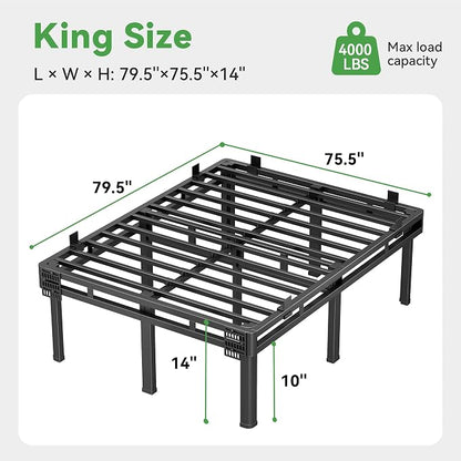 Superay King Bed Frame, 14 inch Metal Bed Frame & Box Spring 2 in 1 Design, Double Layer Bed Frame with Rounded Legs, Heavy Duty Platform Support 4000lbs, with Matress Gasket & headboard Adapter