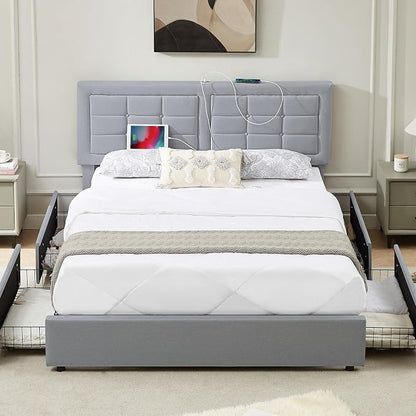 VECELO Full Size Bed Frame with 4 Drawers, Adjustable Tufted Button Headboard, Upholstered Platform with Wood Slats Support, Built-in USB and Type C Ports, Light Grey