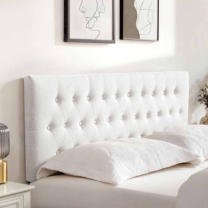 Tufted Upholstered Headboard Full Size, Adjustable Height 37- 51 in, White | Sturdy and Durable Solid Wood Full XL Headboard, Fabric Full Headboard Only, Modern Button Diamond Design Head Board