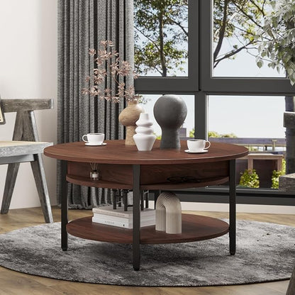 FABATO Round Lift Top Coffee Table with Storage and Hidden Compartment, 26.77'' Farmhouse Coffee Table for Living Room Reception Room, 2 Tier Small Round Coffee Table Circle Dining Table, Espresso