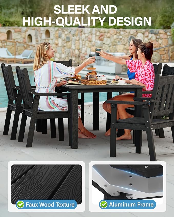 YEFU HIPS Patio Table Set: 7 Piece Outdoor Table and Chairs Patio Furniture Set with Umbrella Hole - Black Modern Plastic Dining Sets 6 Person for Outside Deck with Metal Aluminum Frame