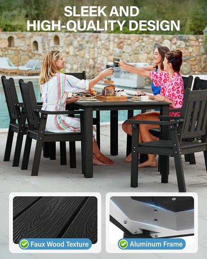 YEFU HIPS Patio Table Set: 7 Piece Outdoor Table and Chairs Patio Furniture Set with Umbrella Hole - Black Modern Plastic Dining Sets 6 Person for Outside Deck with Metal Aluminum Frame