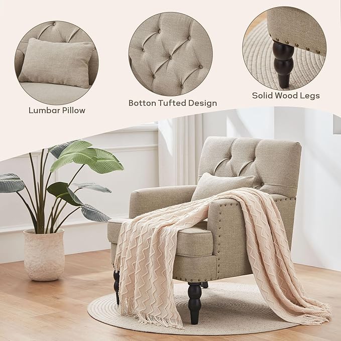 HUIMO Tufted Club Chair,Accent Chair with Lumbar Pillow, Upholstered Button Armchair, Linen Fabric Sofa Chairs for Bedroom, Living Room, Mid Century Modern with Studded Reading Chair Brown