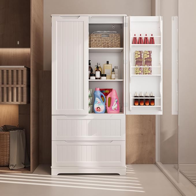 Gizoon 63" Tall Kitchen Pantry Cabinet with Drawers for Dining Room, Food Pantry Storage Cabinet with 6 Doors Shelves for Snack and Spice, Large Craft Storage Cabinet for Craft Room, White, Painted