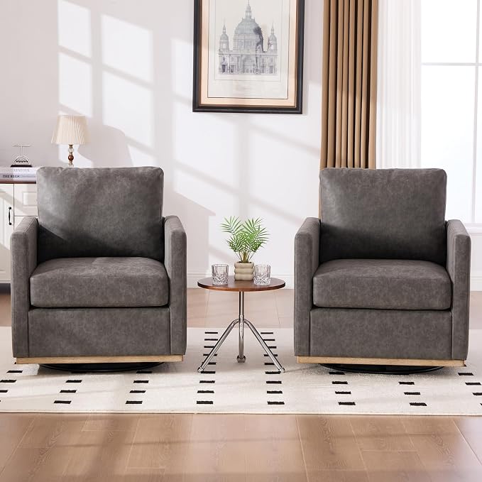Aoiy & Wifon 30.7" W Swivel Accent Chair, Mid Century Modern Swivel Chair for Living Room, Comfy Small Accent Chair, PU Leather, Gray
