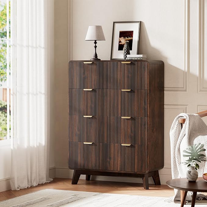 QUW Fluted 5 Drawers Dresser for Bedroom, Modern 40.2" Tall Drawer Dressers with Metal Handle, Wooden Chest of Dresser for Living Room, Hallway, Solid Wood Legs, Curved Profile Design, Dark Walnut