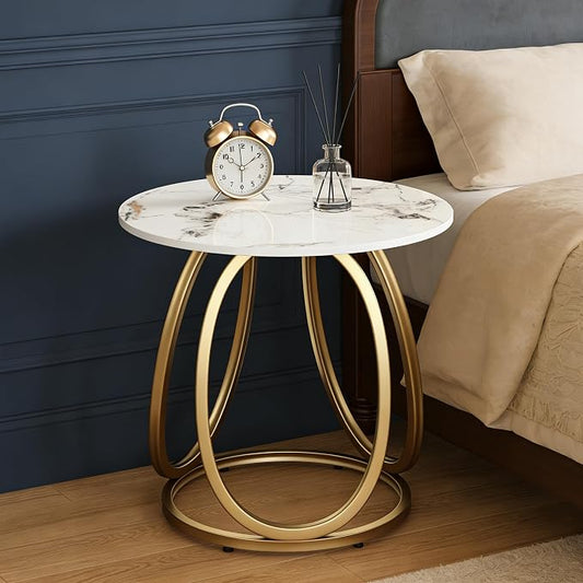 O&K FURNITURE Modern Gold Side Table, Round End Table with Sintered Stone Tabletop, Nightstand for Small Spaces, Bedroom, Home Office, 1PC