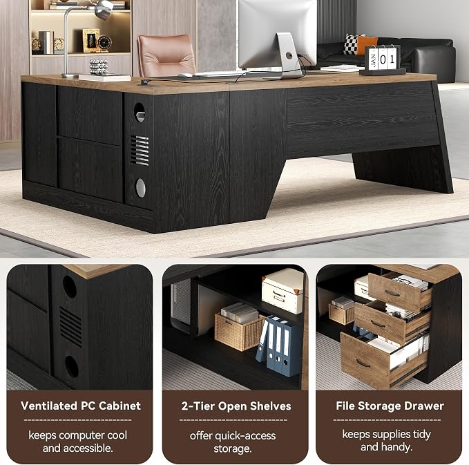Epecoya L-Shaped Executive Desk with Drawer, Large Modern Home Office Desk with Cord Hold and Power Outlet, Big Wooden Business Furniture with Lateral File Cabinet for CEO Boss, Oak Black