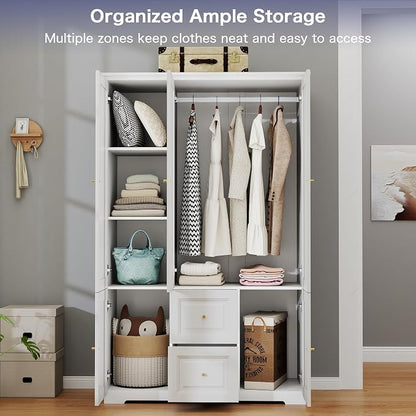 Armoire Wardrobe Closet with Drawers: 74" White Wardrobe with 2 Drawers, 3 Doors Bedroom Armoires with Hanging Rod, Tall Closet Cabinet for Hanging Clothes (47")
