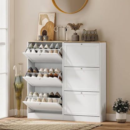 HOMCOM Shoe Storage Cabinet with 3 Flip Drawers, Wooden Freestanding Shoe Organizer with Adjustable Shelves for Entryway, Hallway, White