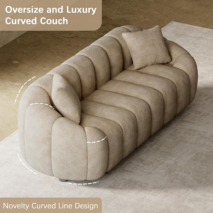 92" Oversized Minimalistic Boucle Sofa for Living Room, Luxury Plush Extra Deep Seat Tufted Sofa, Modern Comfy Curved Cloud Couch, Upholstered 3-Seater Chenille Couches, Light Brown