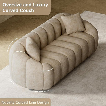 92" Oversized Minimalistic Boucle Sofa for Living Room, Luxury Plush Extra Deep Seat Tufted Sofa, Modern Comfy Curved Cloud Couch, Upholstered 3-Seater Chenille Couches, Light Brown