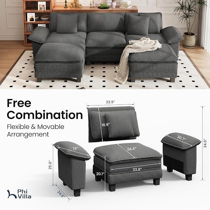 PHI VILLA Cloud Modular Couch Sets, 123.6" Oversized Sectional Sofa with U-Shaped Chaise, 5-Seater Couches with 2 Movable Ottomans for Living Room, Corduroy Grey