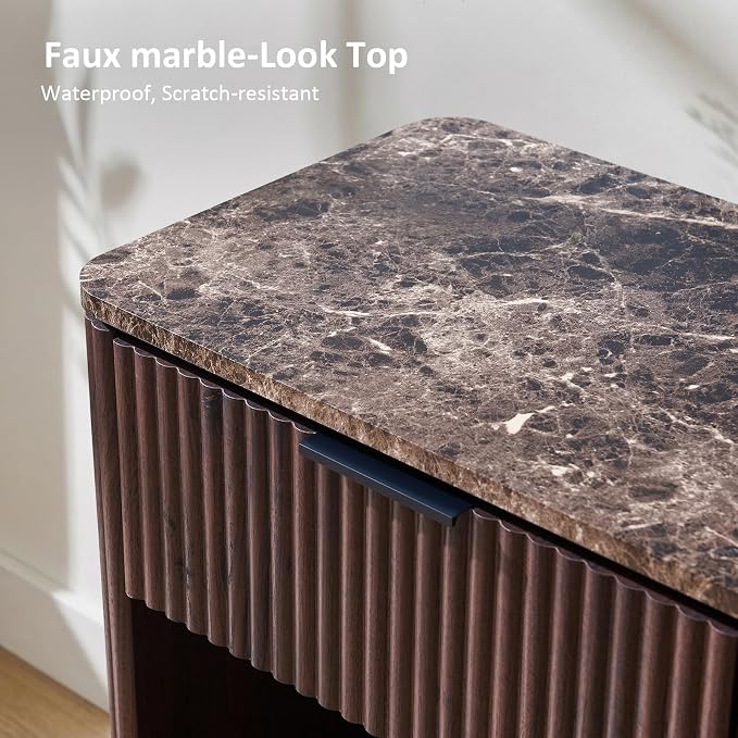 Fluted Nightstand with Faux Marble Top, Modern Bedside Table | FSC-Certified Engineered Wood, 24" H, 1 Drawer and 1 Storage Shelf, Rounded Corner, Metal Handle, for Bedroom, Dark Oak