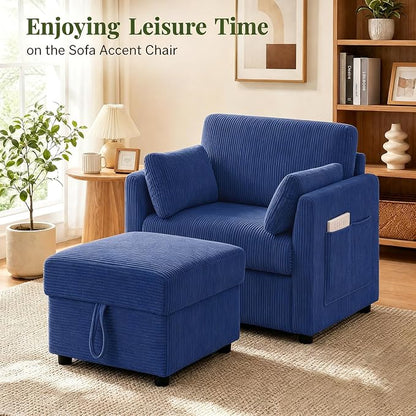 38" Modern Accent Chair, Corduroy Chair with Soft Pillows and Side Pockets, Comfy Single Reading Chairs for Living Room, Bedroom Navy Blue