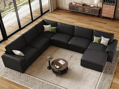 EASE MOOSE Faux Leather Sectional with Ottoman,Oversized Modular Couch,Vintage Modular Sectional Sofa with Deep Seat,Scratch Resistant Faux Leather Material,U Shaped Couch for Big Spaces, Black