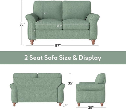 Bonzy Home 57" Loveseat Sofa, 2 Seater Comfy Love Seat Sofa for Living Room, Apartment, Office, Green