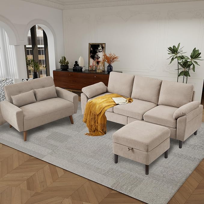 79" Convertible Sectional Sofa Set, Modern Linen Small L Shaped Couch with Reversible Chaise and Loveseat Sofa, 3-Seat Sofa Couches for Living Room, Office, Apartment, Beige