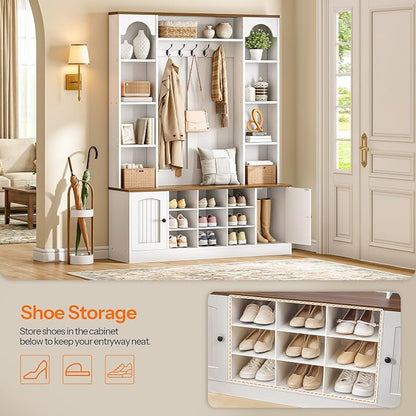HOOBRO Hall Tree with Bench and Shoe Storage, 51" Entryway Bench with Coat Rack, Farmhouse Entryway Organizer with 5 Hooks, 8 Open Compartments, 9 Shoe Cubbies, for Hallway, White and Walnut WH180MT01