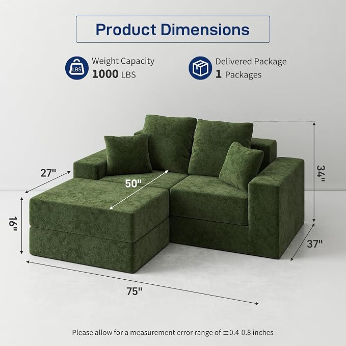 Cloud Modular Sectional Sofa, Comfy Boneless Couch for Living Room, Modern L-Shaped Couch with Reversible Chaise, Customizable Sleeper Sofa with Non Slip, No Assembly & Deep Seat, Green