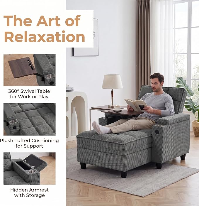 Convertible Sleeper Chair, Pull Out Sofa Bed with Adjustable Backrest & Hidden Storage Armrest, Single Sofa Recliner with USB Charging Port & Cup Holders for Living Room, Bedroom, Dark Gray