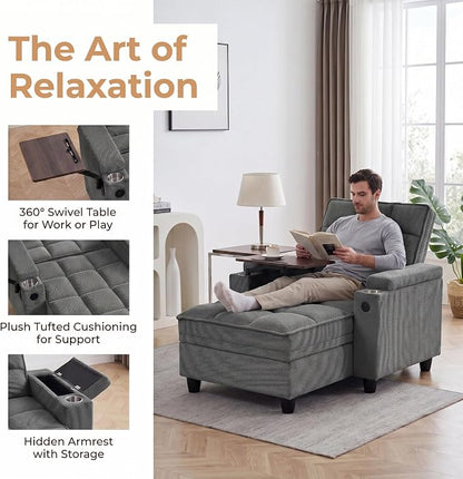Convertible Sleeper Chair, Pull Out Sofa Bed with Adjustable Backrest & Hidden Storage Armrest, Single Sofa Recliner with USB Charging Port & Cup Holders for Living Room, Bedroom, Dark Gray