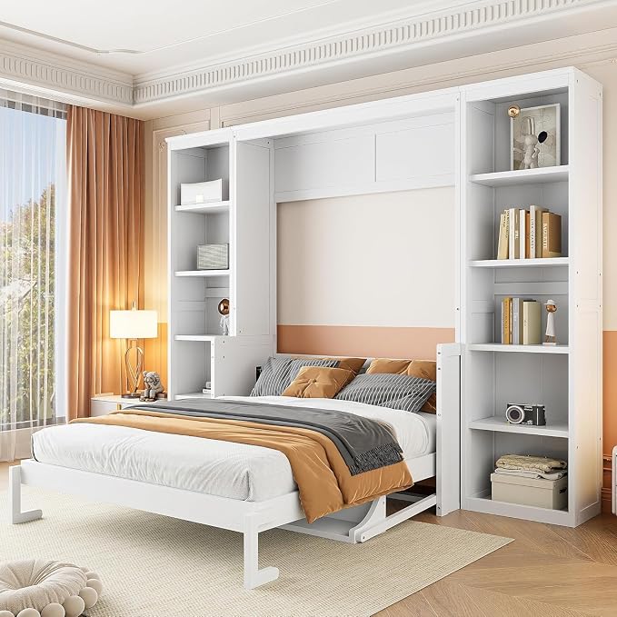 MERITLINE Full Murphy Bed with Desk and Storage Shelves, Wood Murphy Wall Bed Cabinet with with Storage Cabinet Vertical Units