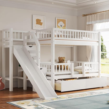 Twin Over Twin Bunk Bed with Storage Staircase, Slide and 2 Drawers,for Kids Teens Adults (White#Slide, Twin Over Twin)