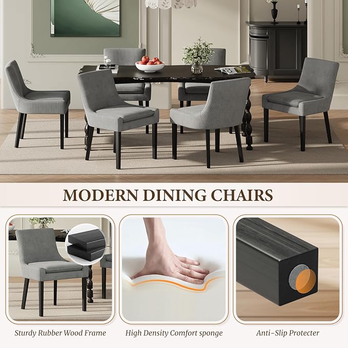 Modern Dining Room Chairs Set of 6 with Mid Back and Wood Legs, Upholstered Kitchen Chairs for Dining Room/Living Room, Dark Grey