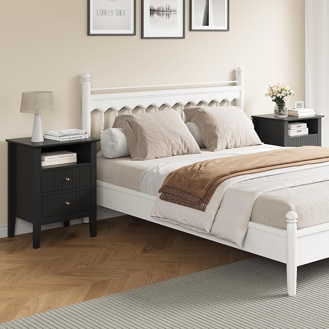 RoyalCraft Black Fluted Nightstand with 2 Drawers, Colorful Nightstand for Bedroom, Modern Wooden End Table with Storage for Small Spaces, Tall Side Sofa Table for Couch, Home Office
