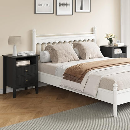 RoyalCraft Black Fluted Nightstand with 2 Drawers, Colorful Nightstand for Bedroom, Modern Wooden End Table with Storage for Small Spaces, Tall Side Sofa Table for Couch, Home Office