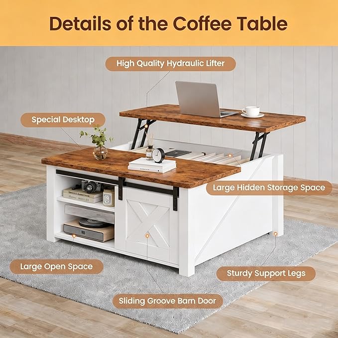 Simple Deluxe Lift Top Coffee Table with Storage, Farmhouse Coffee Table for Living Room, Coffee Tables with Hidden Storage, Coffee Tables with Lifting Top Center Table for Living Room(White)