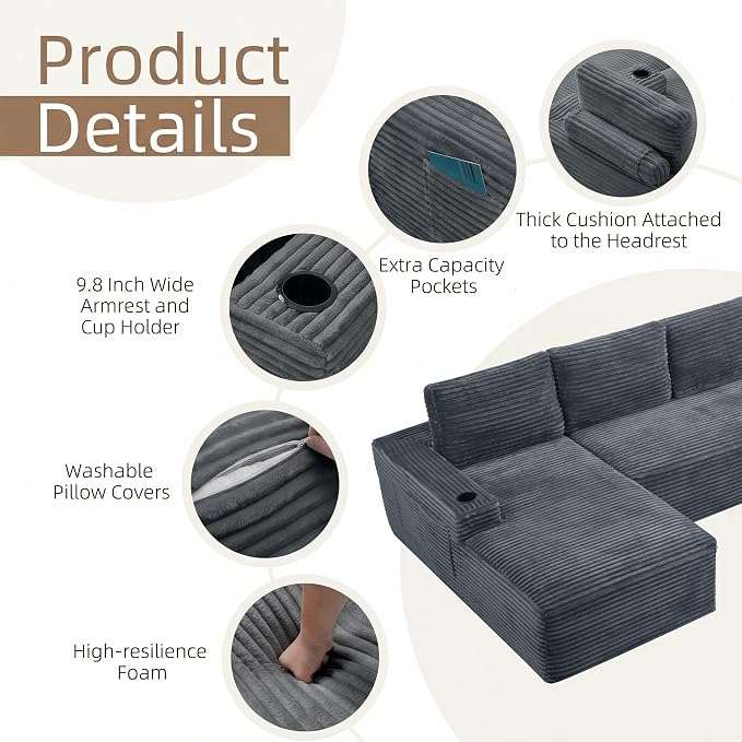 104" L Shaped Boneless Sectional Couches for Living Room, Comfy Corduroy Floor Cloud Sofa with Chaise and Cup Holder, Wide Armrest, Deep Seat, Assembly Free, Ideal for Small Spaces, Grey