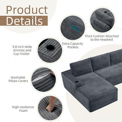104" L Shaped Boneless Sectional Couches for Living Room, Comfy Corduroy Floor Cloud Sofa with Chaise and Cup Holder, Wide Armrest, Deep Seat, Assembly Free, Ideal for Small Spaces, Grey