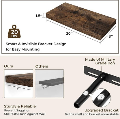 RICHFOCUS 20Inch Floating Shelves for Wall 2 Pack Shelves for Bedroom|Kitchen|Bathroom|Laundry Room Rustic Wood Wall Mounted Shelf with Invisible Brackets for Books|Storage|Decor, Rustic Brown