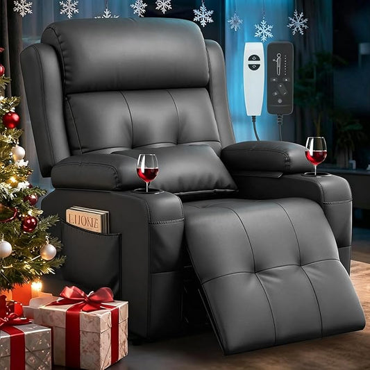Power Recliner Chair, Home Theater Seating with Heat Massage, Reclining Sofa RV Single Chair, Wall Hugger RV Movie Theater Chairs, RV Furniture Sofas with USB, Cup Holders, Pockets for Gaming Room