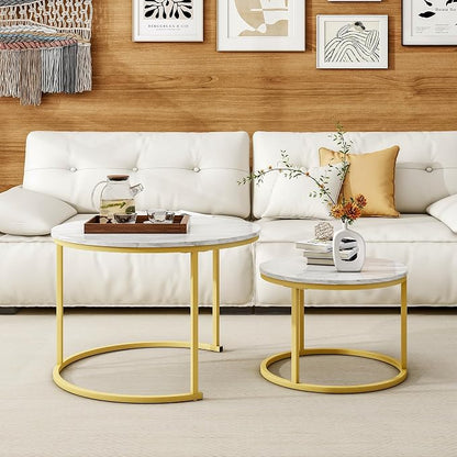 HOJINLINERO Round Coffee Table,Nesting Coffee Table Set of 2,Center Tables for Living Room,Office, Home Small Space,Stacking Side Tables,Sturdy and Easy Assembly,Wood Desktop,Golden+White,Large