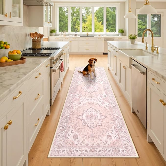 RELEANY Area Rugs Runner 2'6"x8' Washable Non-Slip, Floral Vintage Distress Medallion Carpet for Kitchen Hallway Bedroom Beside Laundry Room Bathroom, Pink Greypink Cute