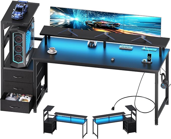 DUMOS 59” Gaming Desk with USB Charging Ports & LED Lights, Reversible Computer Desk with Drawers, PC Desk for Home Office Small Space, Gaming Table Fits PC Towers, Black