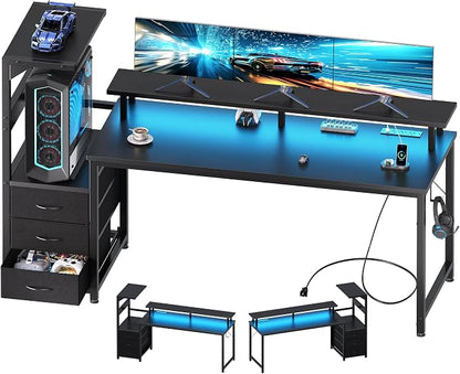 DUMOS 59” Gaming Desk with USB Charging Ports & LED Lights, Reversible Computer Desk with Drawers, PC Desk for Home Office Small Space, Gaming Table Fits PC Towers, Black