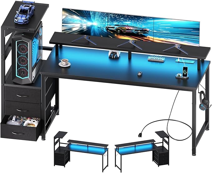 DUMOS 59” Gaming Desk with USB Charging Ports & LED Lights, Reversible Computer Desk with Drawers, PC Desk for Home Office Small Space, Gaming Table Fits PC Towers, Black