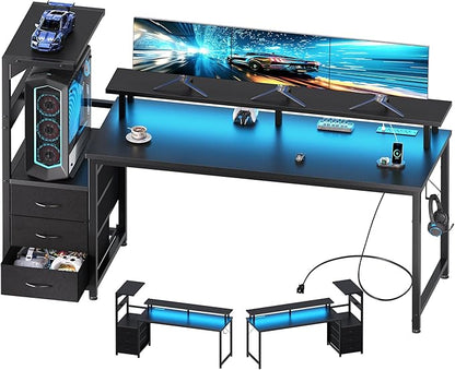 DUMOS 59” Gaming Desk with USB Charging Ports & LED Lights, Reversible Computer Desk with Drawers, PC Desk for Home Office Small Space, Gaming Table Fits PC Towers, Black