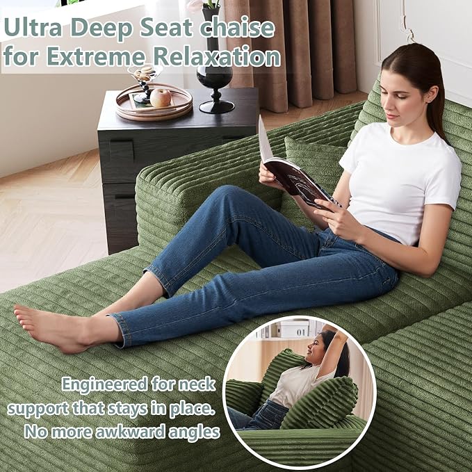 95" Modular Sectional Sofa, Modern Corduroy Cloud Couch with Side Pockets, Boneless Couch Upholstered 3-Seater L-Shaped Sofa for Living Room, No Assembly Required (Green,Left-Facing Chaise)
