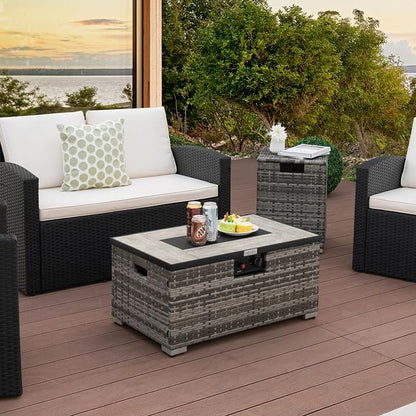 Tangkula 2 Piece Outdoor Propane Fire Pit Table Set with Hideaway Propane Tank Holder, 40,000 BTU Rattan Wicker Fire Pit Table with Lava Rocks, Waterproof Cover, Ideal for Backyard, Patio (Mix Grey)