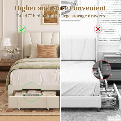King Bed Frame with Storage Drawers, Velvet Upholstered Platform Bed with 47" Tall Headboard and Wingboard, No Box Spring Needed, No Noise, Easy Assembly, Wooden Support Slats, Beige