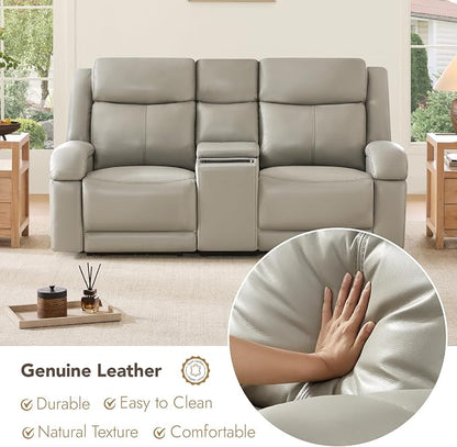 Watson & Whitely Genuine Leather Power Loveseat Recliner Sofa, Wall Hugger Loveseat Reclining Sofa with Storage Console, Power Headrest, Cup Holders, Dual Recliners for Living Room, RV, Grey