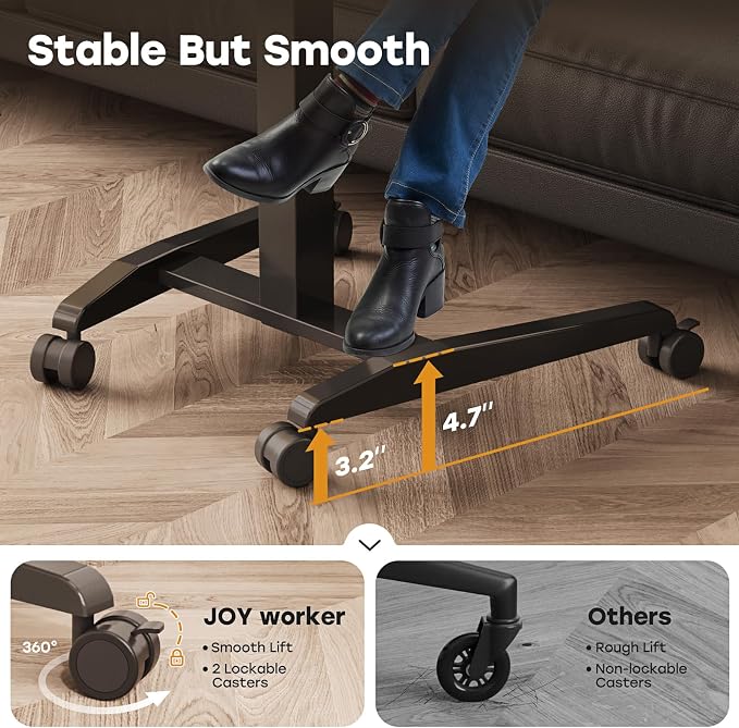 JOY worker Height Adjustable Rolling Laptop Desk with Shelf, Mobile Standing Desk, Pneumatic Mobile Laptop Table with Wheels for Couch Home Office School, Holds Up to 22lbs, Dark Walnut