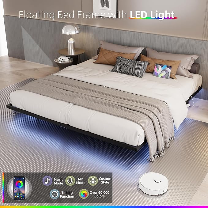 Floating Bed Frame Full Size with Charging Station and LED Lights, Metal Platform Bed Frame, No Box Spring Needed, Easy Assembly, (Full)
